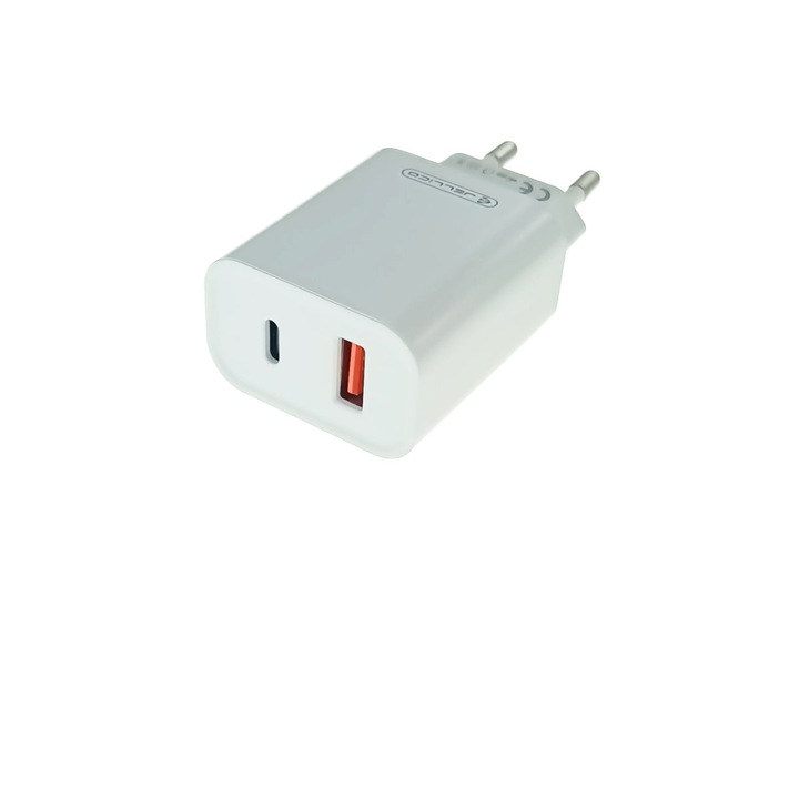 Gyors hálózati töltő USB C típusú port PD 20W, USB-A port QC3.0, Jellico C9, Fehér