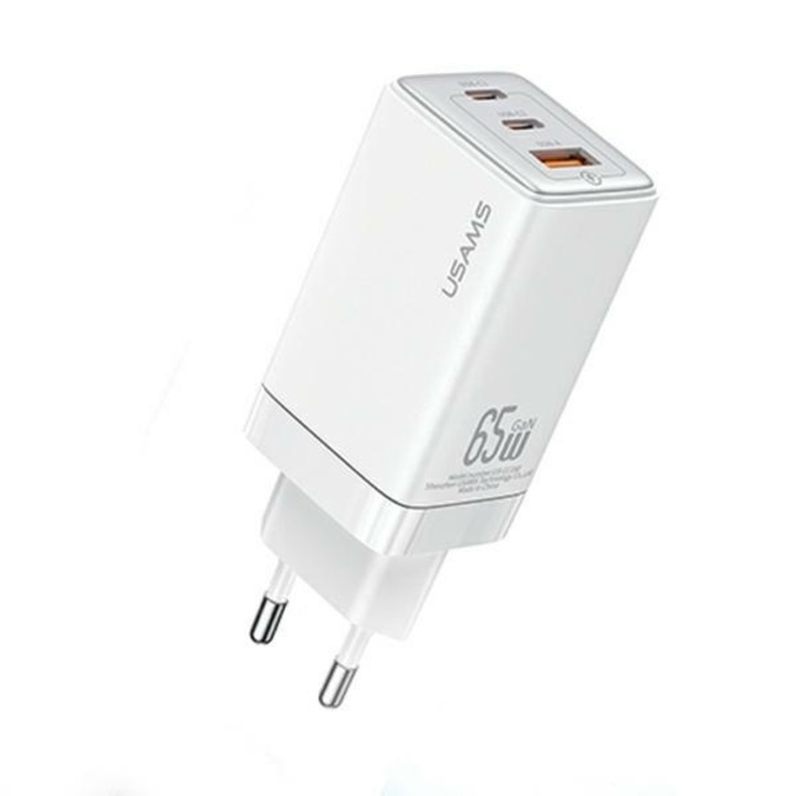 USAMS зарядно с 2 x USB-C + 1 x USB A 65W, GaN PD3.0 + QC 3.0 технология, бяло