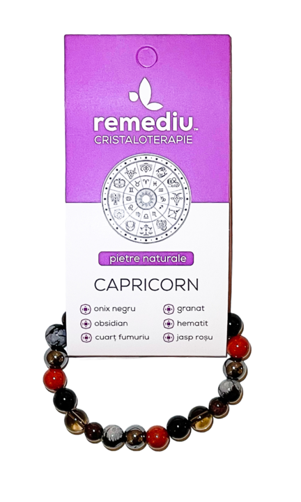 Bratara din cristale zodia Capricorn, REMEDIU, pietre 100% naturale, Onix Negru, Cuart Fumuriu, Granat, Obsidian Fulg de Nea, Hematit, Jasp Rosu, in plic cadou