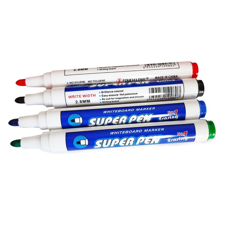 Set 4 markere pentru tabla magnetica, varf 2 mm, uscare rapida, multicolor, Dactylion®