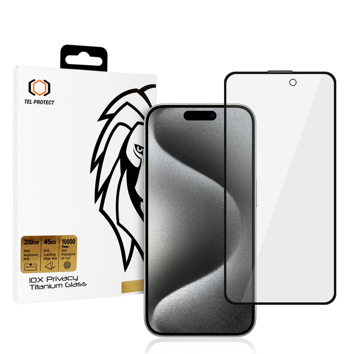 Фолио, Tel Protect PREMIUM 10X PRIVACY TITANIUM Secure Glass за iPhone 15 Pro Max, олеофобно, черни ръбове