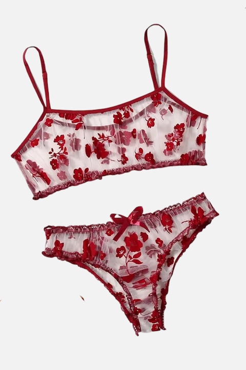 2 részes szexi erotikus fehérnemű szett félig átlátszó tüll fátyolból virágmintával, melltartó melltartó állítható pántokkal és bugyi, Piros