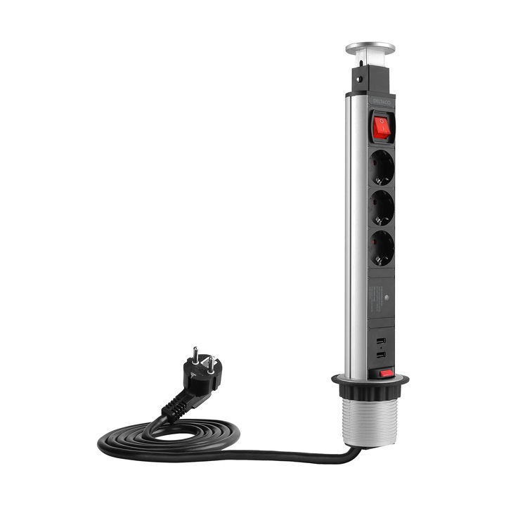Priza incorporabila pop-up Deltaco, diametru 60mm, cu protectie la supratensiune, 3 prize Schuko, 2 porturi USB, Black