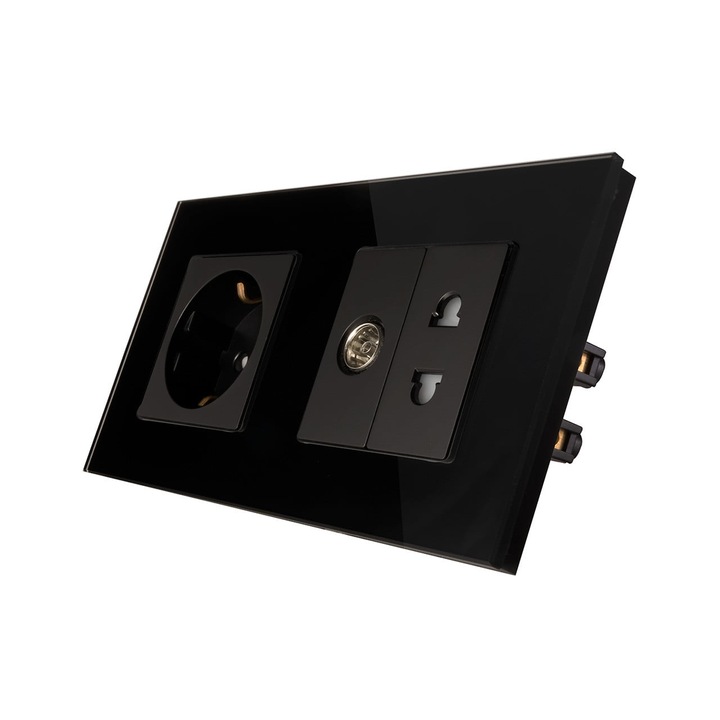 Priza dubla 4Module (2+2M), 1x Shuko 16A + 1x Priza 1M Standar italian + 1x Priza TV, rama de sticla, neagra
