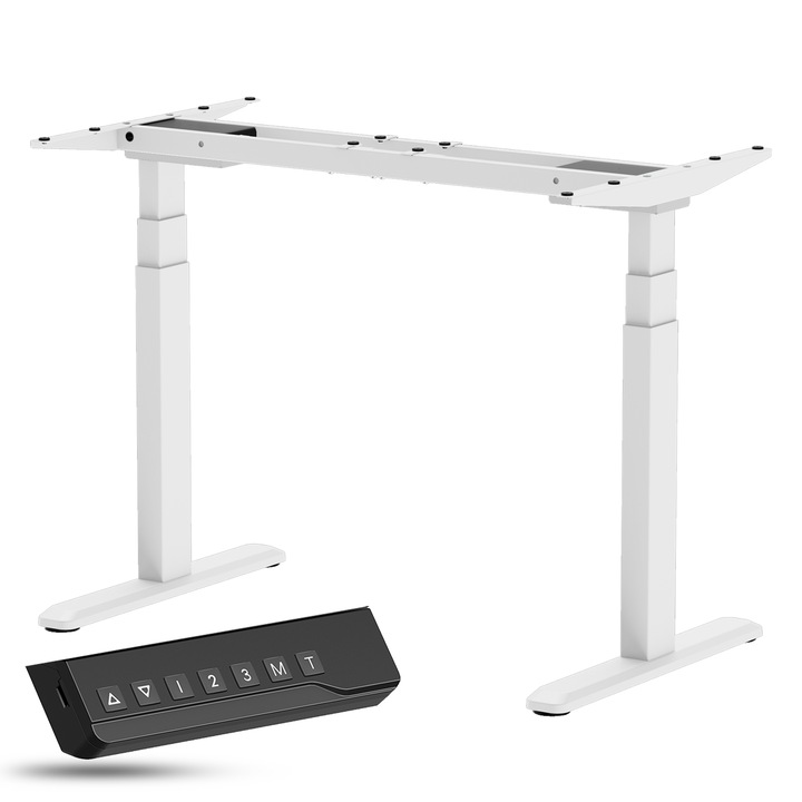 Cadru birou reglabil electric StableDesk Plus, 2 motoare, Pana la 100 kg, Panou control cu Butoane, Ergonomic, 3 Functii de Memorie, Sistem Anti-Coliziune, Timer, Inaltime 62-128 cm, Lungime cadru 100-170 cm, Kit Suruburi Instalare Blat - Alb mat