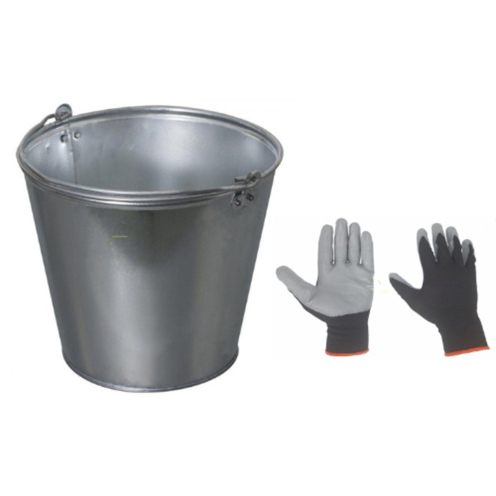 Set Galeata tabla zincata, 10 litri + Manusi gradina latex sintetic gri, marime universala