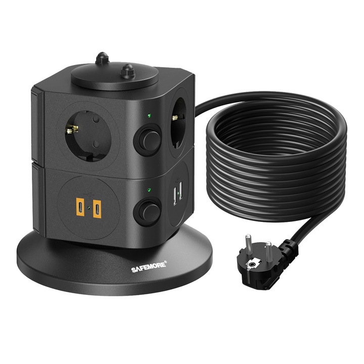 Разклонител тип кула SAFEMORE 2 порта Type C, 2 USB A, Бързо зареждане 4,8 A, 6 гнезда AC, 220 V-250 V/16 A, 4000 W, 2 м, Черен