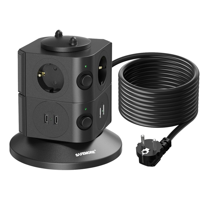 Prelungitor tip turn cu 2 Porturi de tip C, 2 porturi USB A pentru incarcare rapida de 4, 8A, SAFEMORE 6 prize AC, 220V-250V/16A, 4, 000W, 2m, Negru
