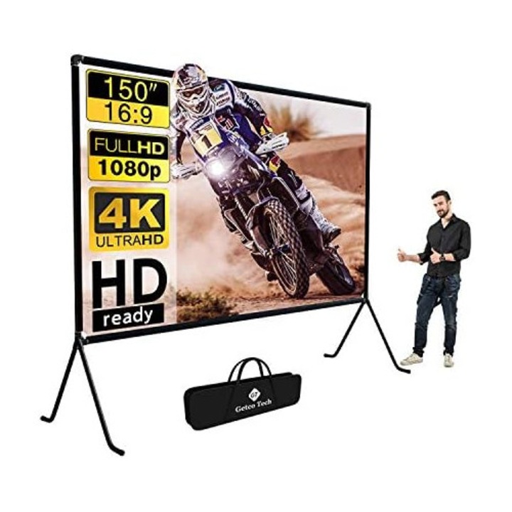 Ecran de proiectie GT GETCO 150 inchi, suport 16: 9 HD pliabil pentru interior/exterior, pentru acasa, petrecere, birou, clasa