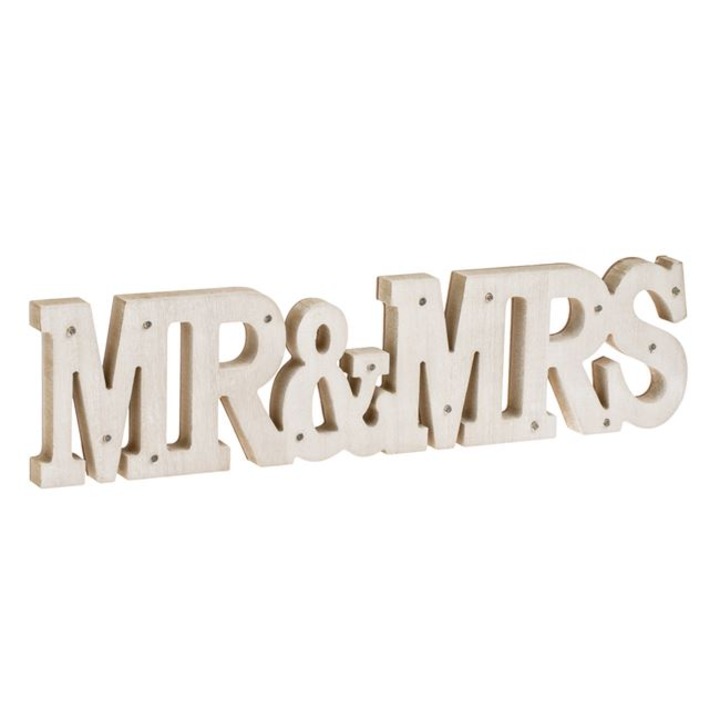 Дървена декорация за сватби, с LED, висяща, Mr&Mrs, 48x2.2x12cm