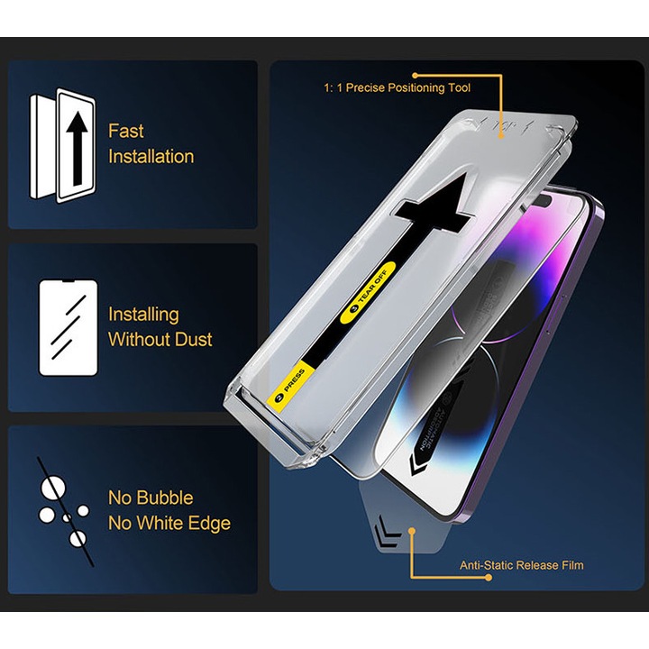 Фолио за защита на поверителността за iPhone 15, Premium HD Secure Glass с калъф за автоматично нанасяне, премахва мехурчета и следи от прах, хидрофобно, пълно покритие, 0,3 mm, против пръстови отпечатъци, против шпиониране, премахване на прах
