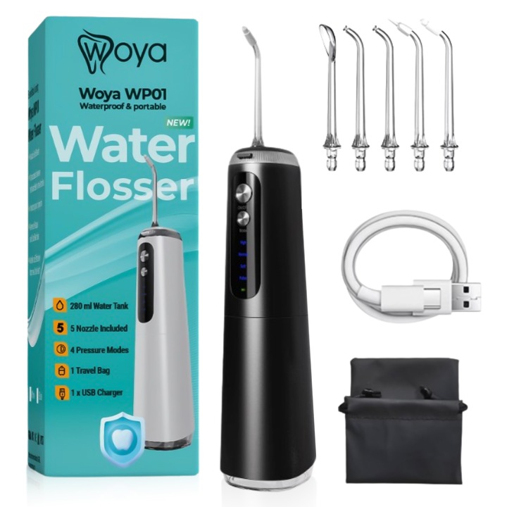 Професионален Орален Иригатор Woya® WP01, Преносим за Орален Душ, 4 Работни Програми, Регулируема Налягане 40-130 PSI, 1800 Импулса/мин, 5 Глави, 280 ml Резервоар, IPX7 Водоустойчив, За Зъбен Камък и Пародонтоза, Безжичен, Черен