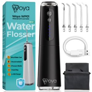 Irigator Bucal pentru Dus Bucal Portabil, Woya® WP01, Rezistent la Apa, 5 Duze Profesionale, Limba si Parodontita, 4 Programe de Curatare, Oral, Presiune Reglabila 40-130 PSI, 1800 Pulsatii/min, Rezervor 280 ml, Baterie 2000mAh, Fara Fir, Negru
