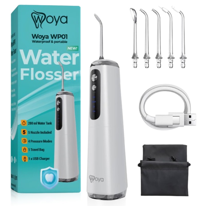 Професионален Орален Иригатор Woya® WP01, Преносим за Орален Душ, 4 Работни Програми, Регулируемо Налягане 40-130 PSI, 1800 Импулса/мин, 5 Глави, 280 ml Резервоар, IPX7 Водоустойчив, За Зъбен Камък и Пародонтоза, Безжичен, Бял