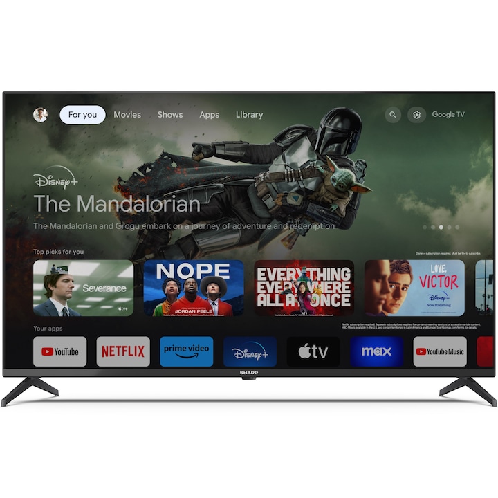 Телевизор Sharp, 43GL4260, 43" LED Google TV, 4K Ultra HD 3840x2160 Frameless, AQUOS, 1 000 000:1, DVB-T/T2/C/S/S2, Active Motion 1000, HDR10, Dolby Atmos, Dolby Vision, Черен