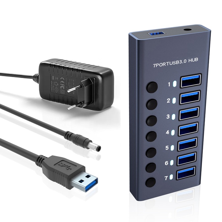 USB хъб PRESTIGE CHARGE®, 7 в 1, С бутон ON/OFF, Алуминий, 7 USB 3.0 порта, 5Gbps трансфер на данни, 36W зареждане