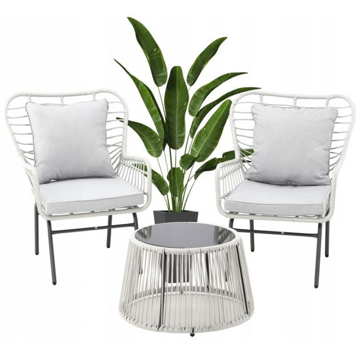 Set de mobilier de gradina modern, ramiz, Gri Garden Line (2 fotolii + masuta de cafea)