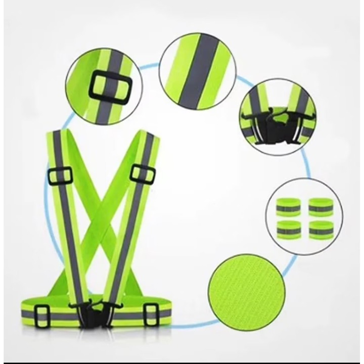 Bretele reflectorizante elastice cu banda de semnalizare, KOTYS®, ajustabile, elastice, marime universala, unisex, ciclism/alergari/constructii, sau sporturi nocturne, latime 4 cm, verde deschis