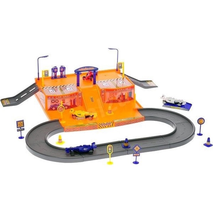 Комплект гараж със състезателна писта, Artyk, включени 4 автомобила, 45x31x6.7cm