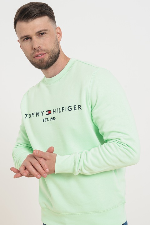 Tommy Hilfiger, Суитшърт с органичен памук и лого, Лайм зелено/Черен