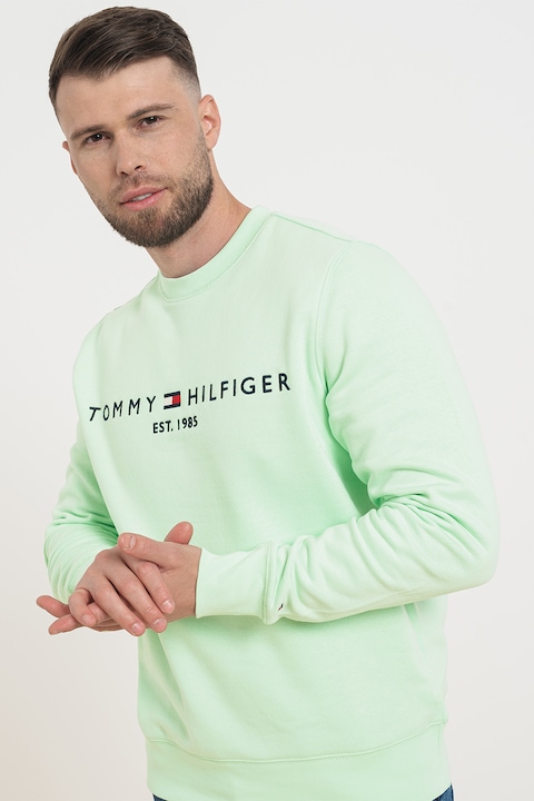 Tommy Hilfiger, Bluza de trening din amestec de bumbac organic cu logo, Negru/Verde lime