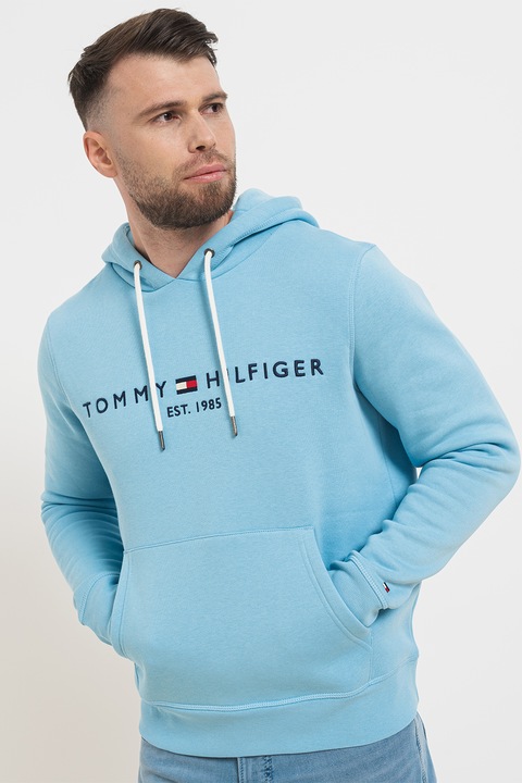 Tommy Hilfiger, Худи с органичен памук с лого, Пастелносин/Тъмносин