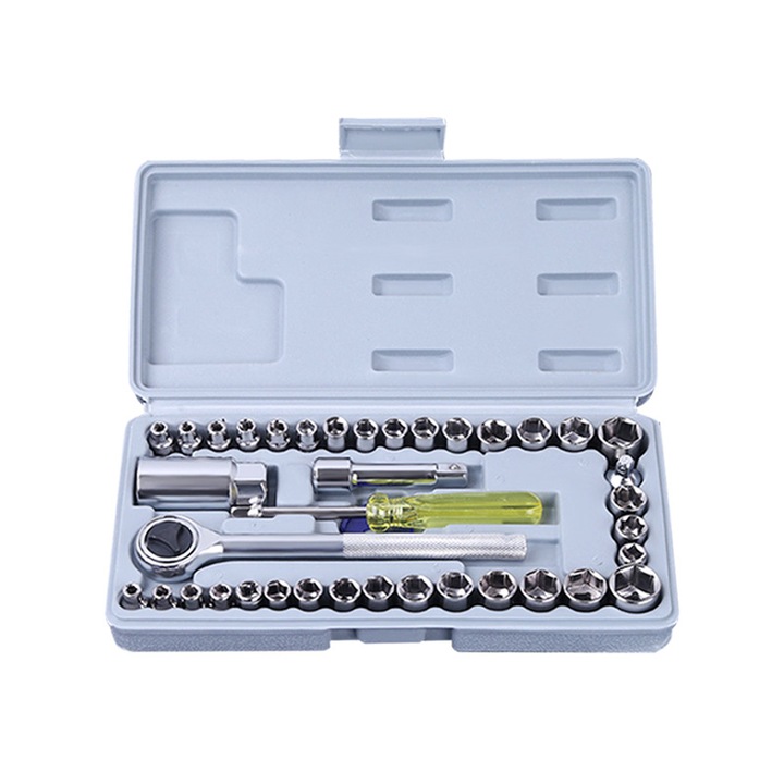 Set de chei tubulare compacte cu clichet 4/16 mm, 40 bucati, Argintiu