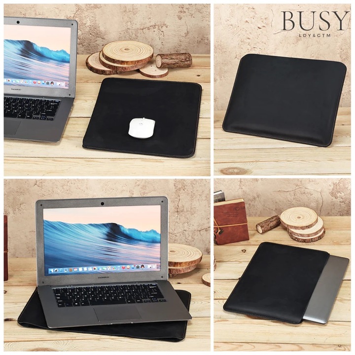 Husa Laptop 15.6" din piele naturala, BUSY LDY & GTM, maro inchis