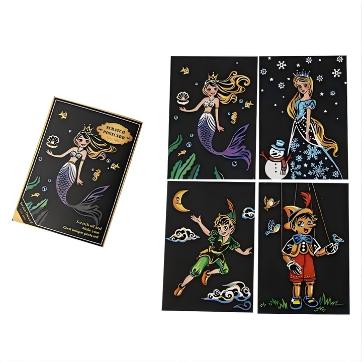 Set joc creativ，Curcubeu scratch mini notes de arta，DIY， Colorat，Serii de basme, 4 tipuri de carti postale，Ecologic si non-toxic, +3 ani