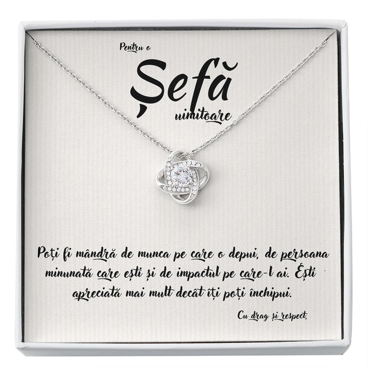 Set Cadou Pentru Sefa, Joystos, Colier Argint 925 cu pandant ”Nod”, si Card cu Mesaj ”Pentru o Sefa Uimitoare”