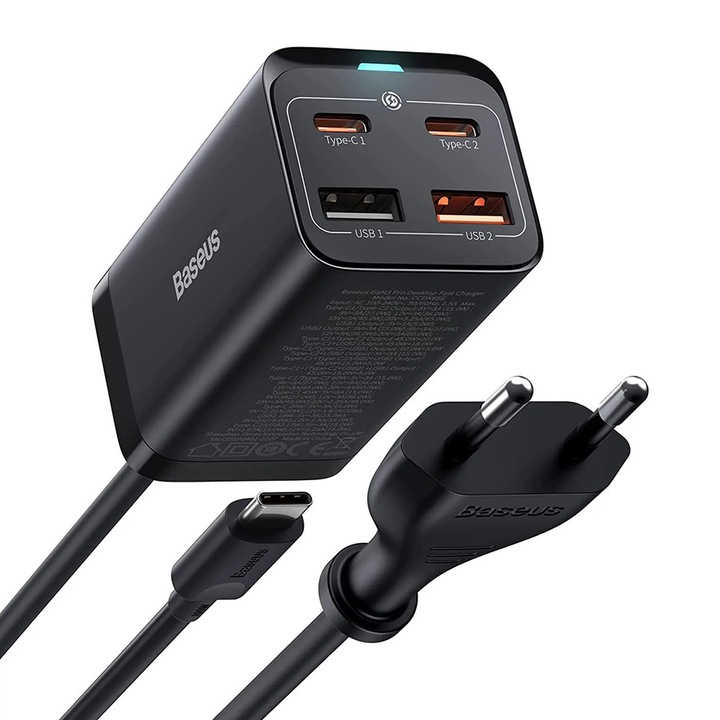 GaN3 Pro gyorstöltő 2x USB-C / 2x USB 65W PD QC + USB-C kábel 1 m fekete
