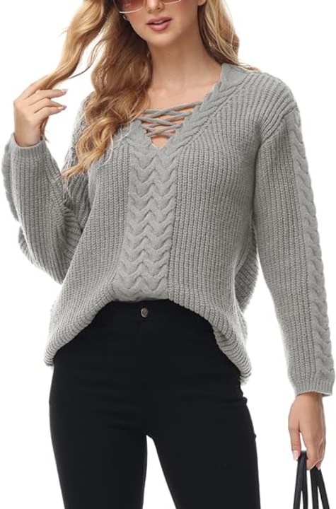 Női pulóver, kötött, V-nyakú, szürke, XL, TrendiMax