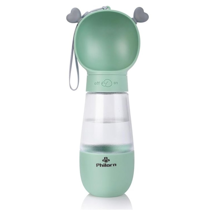 Sticla de apa pentru caini Philorn, 350 ml, container pentru hrana 200 ml, portabila, anti-varsare, culoare Verde