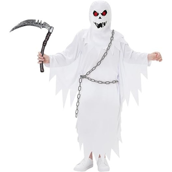 Costum pentru copii model Fantoma, Mrsclaus, set din 4 piese - Roba, masca fluorescenta, coasa, lant de plastic, tinuta cosplay Halloween, petrecere, bal mascat, marimea S, Alb