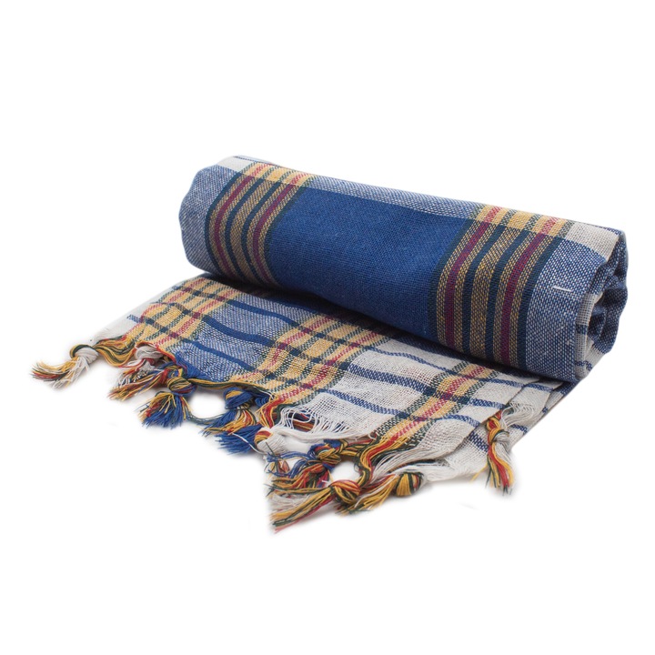 Плажна/СПА кърпа Premium, 70x160 см, 100% памук, тегло 205 г, модел на райета, цвят син с жълто