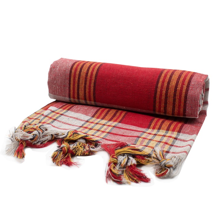 Prosop de plaja/SPA Premium, 70x160 cm, 100% bumbac, greutate 205 g, model dungi, culoare rosu cu galben