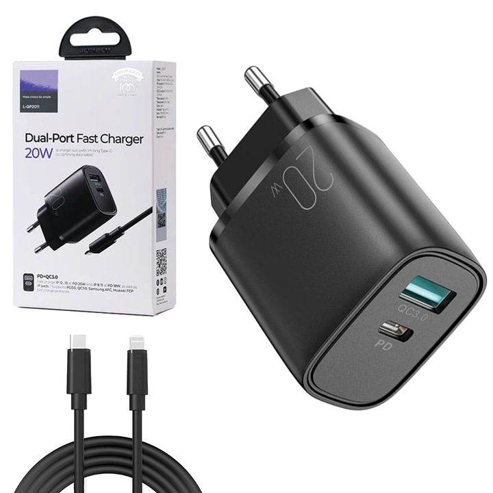 iPhone töltőkészlet gyorstöltő adapterrel 20 W, adatkábel 1M USB-C -> Lightning típus, kompatibilis az Apple iPhone 14 / 14 Pro / 14 Pro Max / 13 / 13 Pro / 13 Pro Max / 12 / 12 Pro / 12 Pro készülékekkel Max, fekete