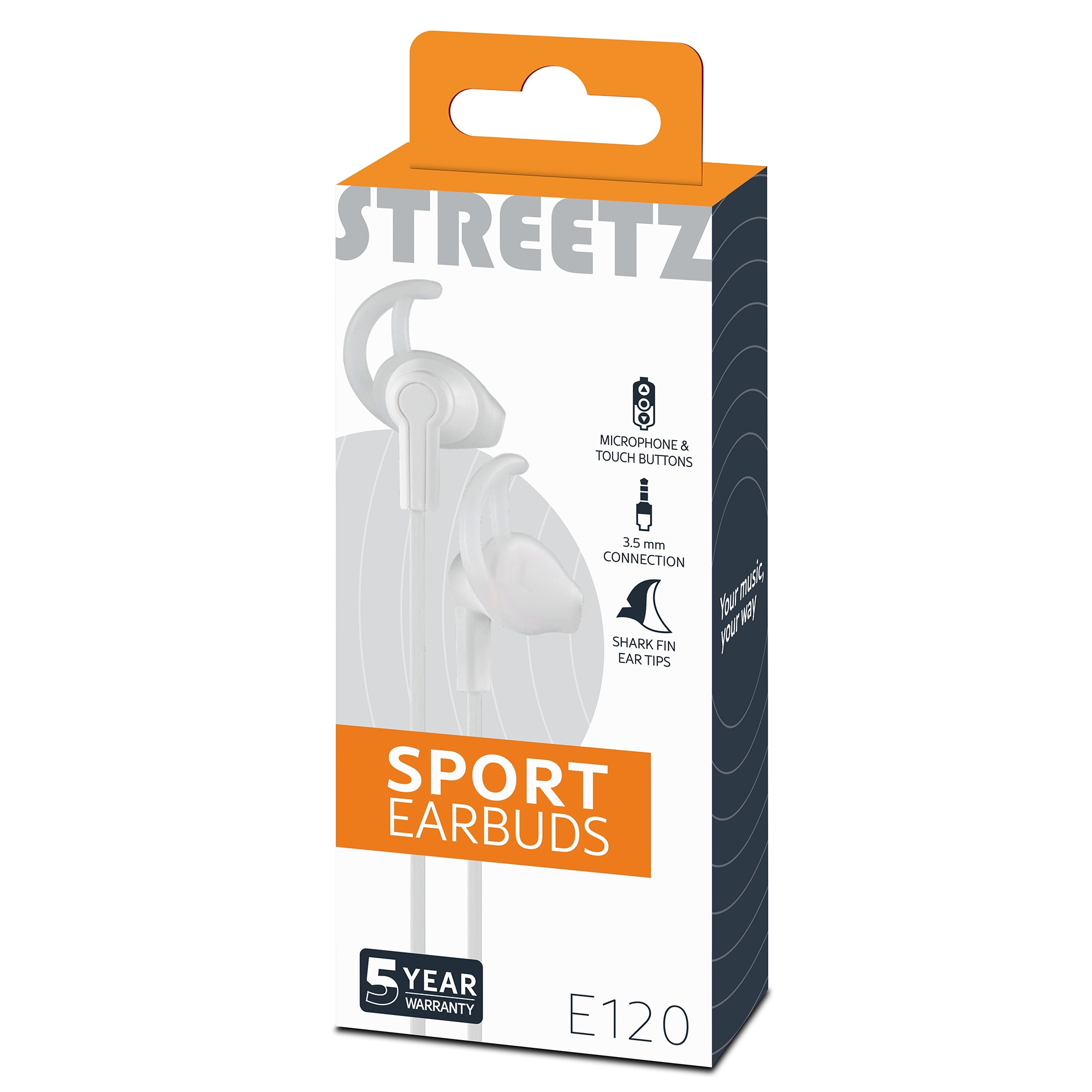 Casti sport in-ear STREETZ E120 cu telecomanda pe fir, mufa 3, 5mm, microfon, alb