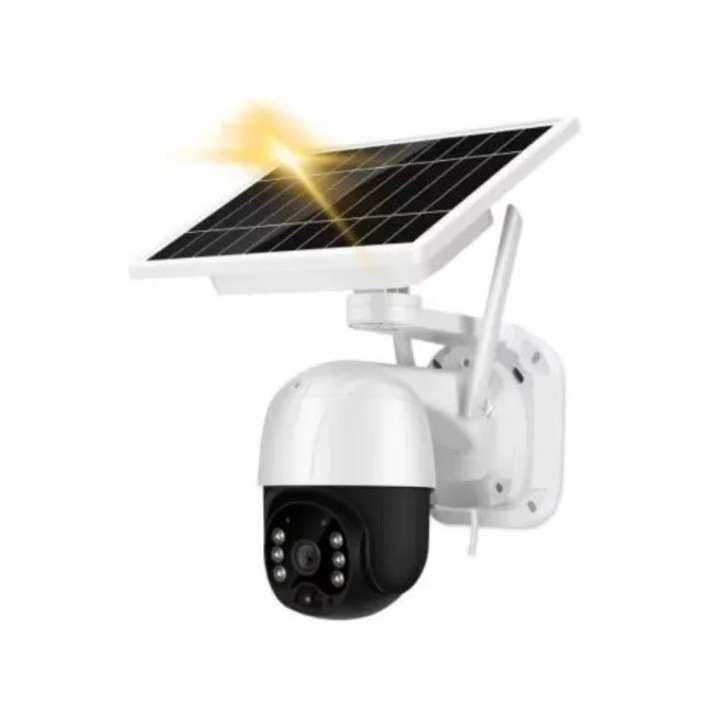 Camera de Supraveghere, AT PERFORMANCE ®, cu Incarcare Solara 4G- SIM, 3 MP, FullHD, Rotire din Aplicatie, 6 acumulatori inclusi, alarma miscare, Interior si Exterior Rezistenta la apa, Alba