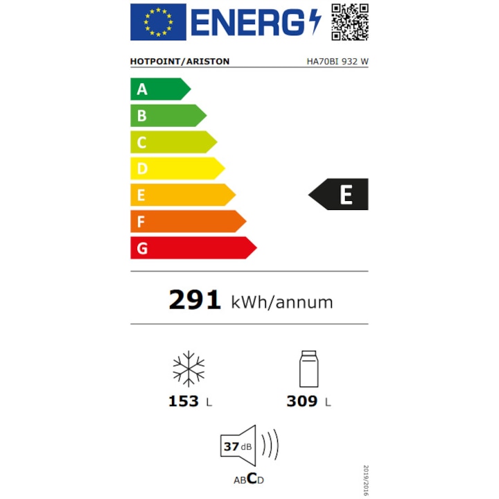 Combina frigorifica Hotpoint HA70BI 932 W, 462 l, Total No Frost, Iluminare LED, Clasa F, H 195 cm, Alb