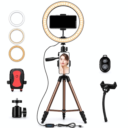 Lampa Circulara Ring Light Techone® Vlog Pro, Lumina Calda / Rece / Neutra, Intensitate Reglabila, Telecomanda, 2 Suporturi Telefon, Suport Camera Foto, Trepied, 150 cm