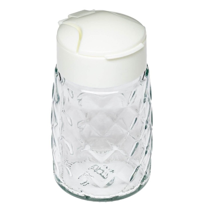 Solnita de sticla transparenta cu model Shopiens®, cu capac alb de plastic, 5 x 8.5 cm