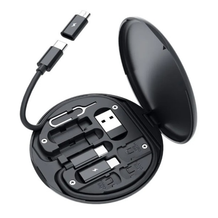 PHN Mag többfunkciós kábeltároló utazó készlet kártyatároló helyekkel, telefontartóval, ejektor tűvel és USB C kábellel 3 USB adapterrel, fekete