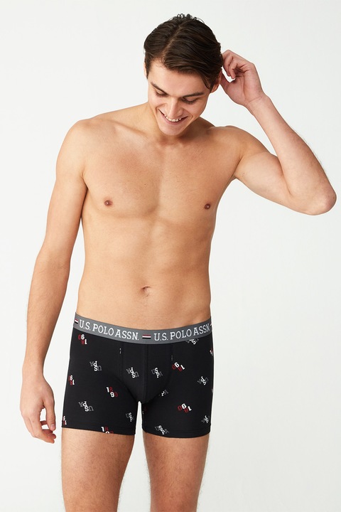 U.S. Polo Assn., Set de boxeri cu model si uni - 2 perechi, Alb/Visiniu/Albastru ultramarin