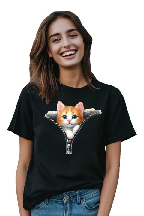 Tricou dama casual Zipping Cat v9, Negru