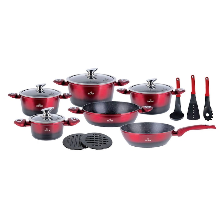 Set de vase de gatit din 15 piese cu strat de marmura ZILNER ZL-8520, strat antiaderent, inductie, Rosu/Negru
