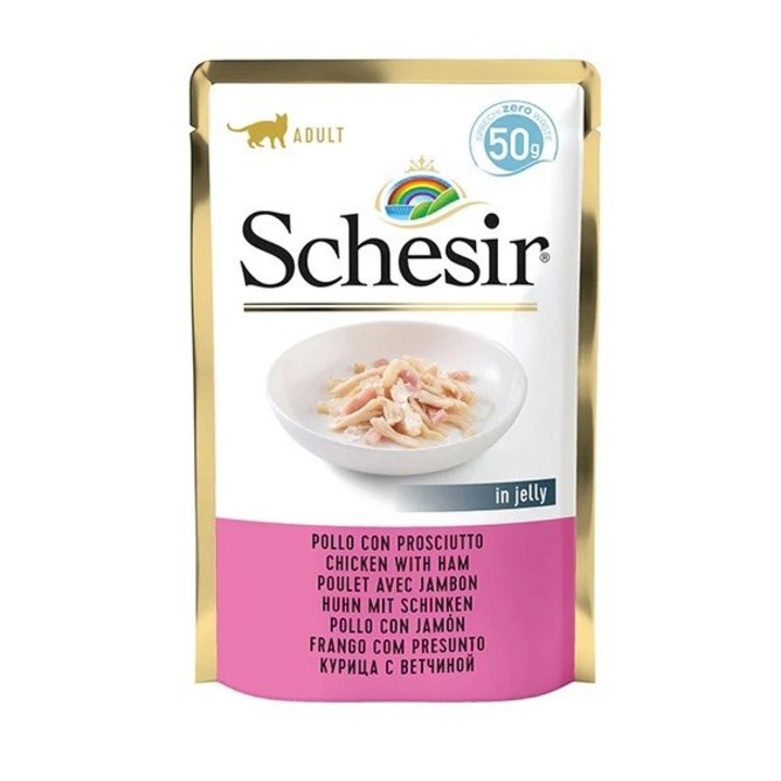 Hrana umeda pentru pisici, Schesir, file de pui si sunca, fara gluten, 50 g