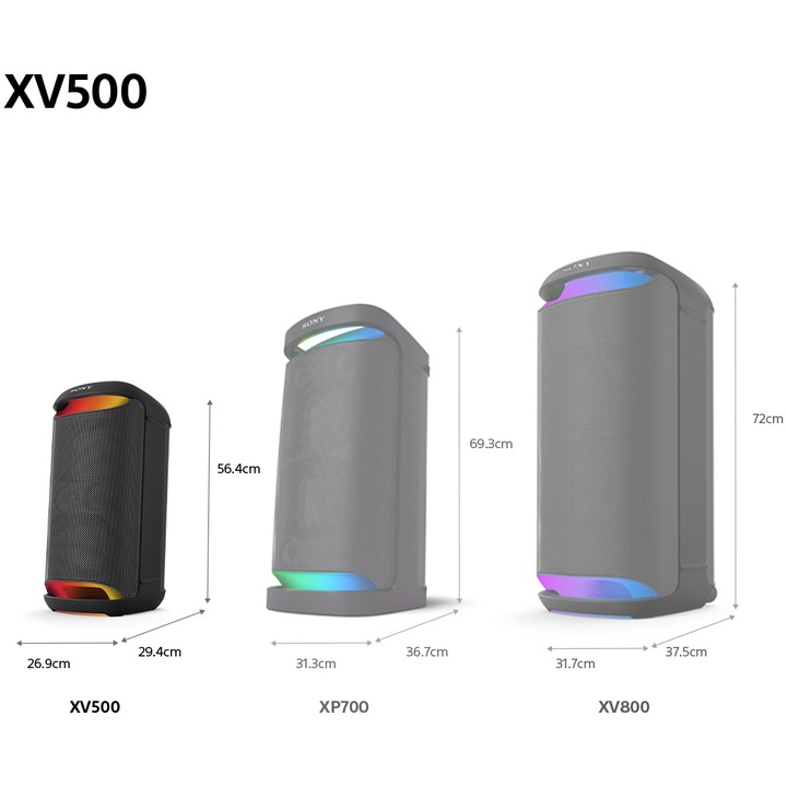 Преносима аудио система Sony SRS-XV500, MEGA BASS, Bluetooth, LDAC, Wireless, IPX4, Party Connect, Караоке, LED осветление, 25 часа автономност, Черен