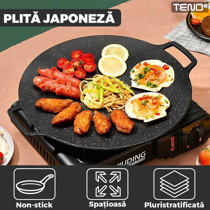 Plita Japoneza Teno®, invelis antiaderent, pluristratificata, materiale rezistente, spatioasa, diametru 36 cm, negru