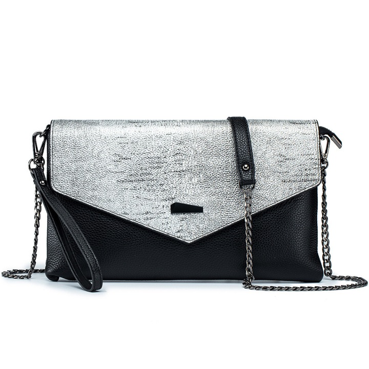 Genta Piele Naturala cu Clapeta AZeira®, Stil Casual, Bicolora, Versatila, Piele Moale, Interior Compartimentat, Inchidere cu Fermoar, Buzunar Exterior, Barete din Lant si Piele detasabile, 30x18x3cm, Negru si Argintiu